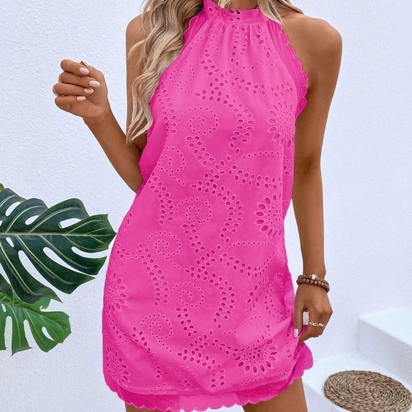 . Dresses & Skirts - Pink Boho Womens Eyelet Embroidery Scallop Trim Halter Neck Dress
